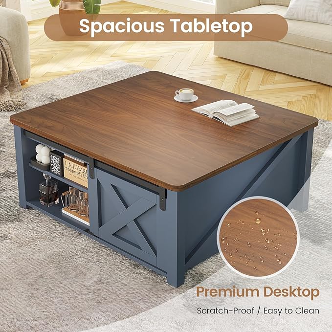 SEDETA 31.5" Lift Top Coffee Table with Storage, Square Coffee Tables for Living Room, Farmhouse Coffee Table with Large Hidden Storage Compartment and Adjustable Shelves, Blue