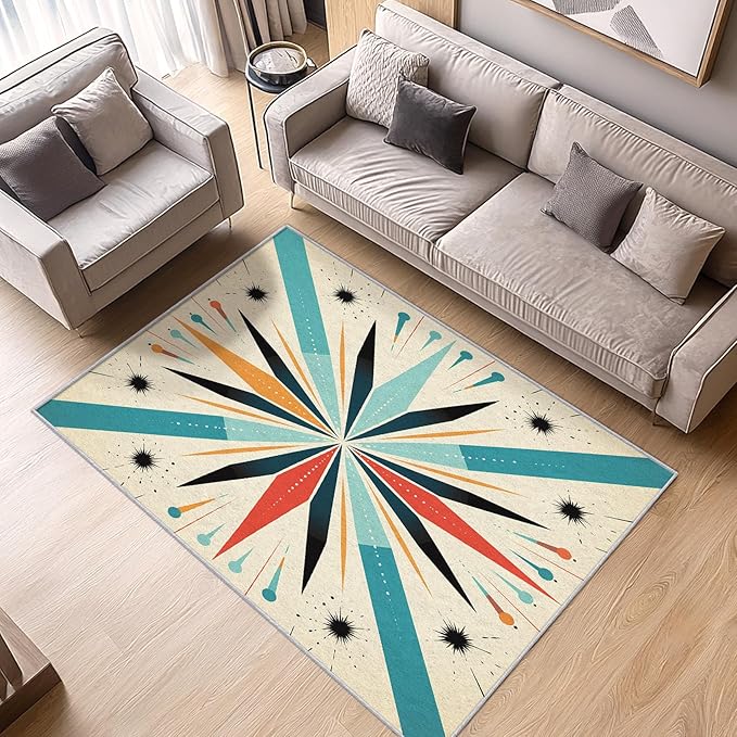 Mid Century Modern Rug 4x5, Washable Retro Sun Rugs for Living Room Bedroom, Atomic Geometric Area Rug for Home Decor, Non Slip Backing Floor Carpet with Gripper - 4 x 5 ft