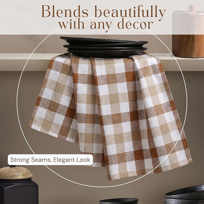 Checked Dish Towels 4 Pack, 18x26 Inches, Quick Dry Towels for Kitchen, Durable, Reusable, Absorbent Wash Cloths Set, Washable Fabric, Heavy Duty for Daily Use - Brown, Beige, White