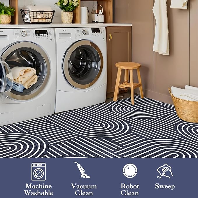 GAOMON Washable 2x6 Abstract Lines Rug Runners Non Slip Bathroom Rugs Non Shedding Blue Rug Low Pile Soft Bedside Rugs Modern Rainbow Runner for Hallway Porch Laundry Room Dining Table Under, Blue