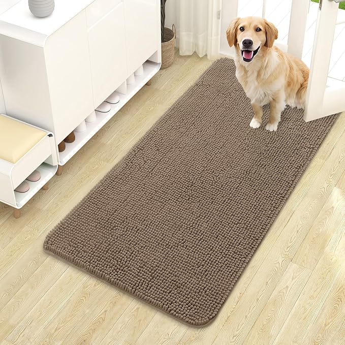 OLANLY Dog Door Mat for Muddy Paws 44x24, Absorbs Moisture and Dirt, Absorbent Non-Slip Washable Doormat, Quick Dry Chenille Mud Mat for Dogs, Entry Indoor Entryway Carpet for Inside Floor, Tan