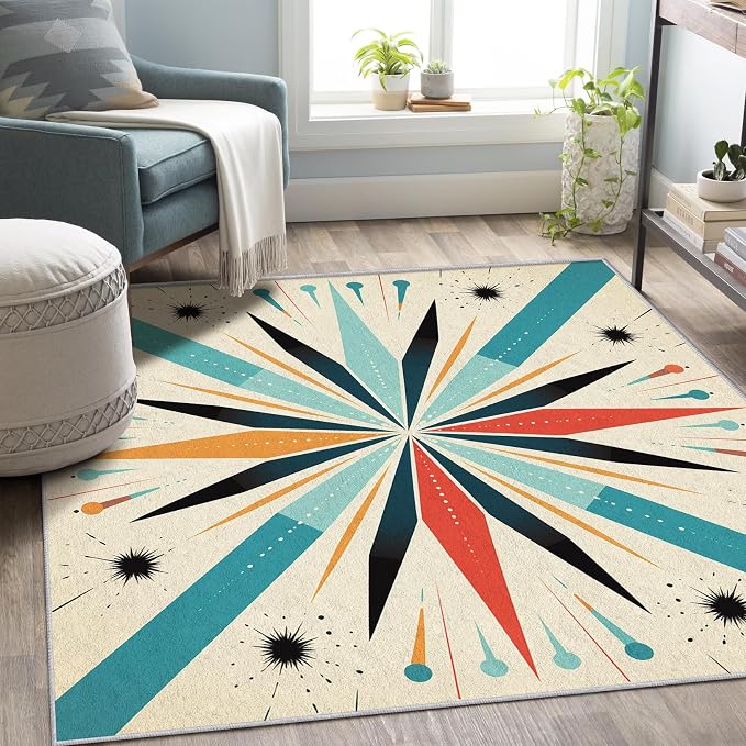 Mid Century Modern Rug 5x8, Washable Retro Sun Rugs for Living Room Bedroom, Atomic Geometric Area Rug for Home Decor, Non Slip Backing Floor Carpet with Gripper - 5 x 8 ft