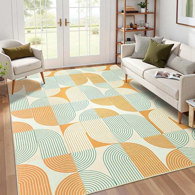 Area Rugs for Living Room 6x9, Washable Modern Abstract Rug for Bedroom, Soft Non-Slip Indoor Floor Carpet for Dining Room Nursery Office Home, Orange