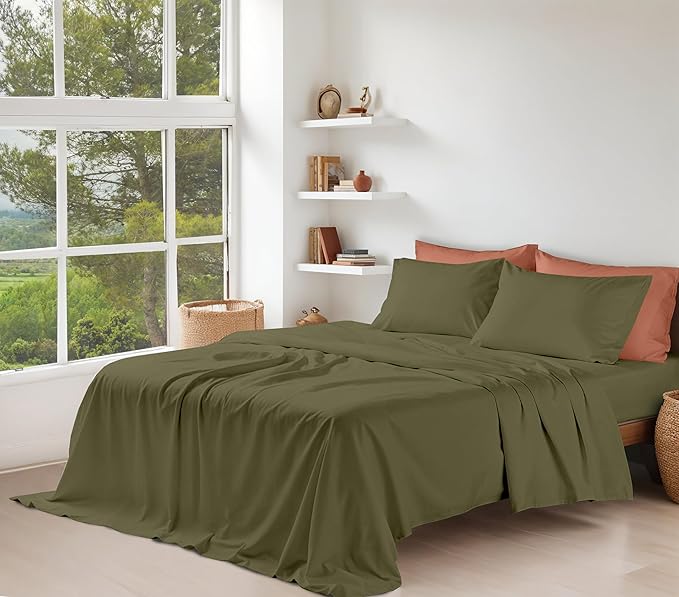 RUVANTI 100% Organic Cotton Sheets Twin Size, Percale Weave, GOTS Certified, 3-Piece Set, Deep Pocket 15", Crisp & Breathable, Soft Durable Bedding, Sábanas Algodón Orgánico – Olive