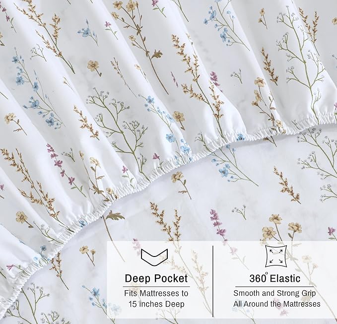 RUVANTI 100% Organic Cotton Sheets Twin XL, Percale Weave, GOTS Certified, 3-Piece Set, Deep Pocket 15", Crisp & Breathable, Soft Durable Bedding, Sábanas Algodón Orgánico – Field Flower