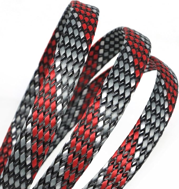 Braided Expandable Cable Sleeve, 25ft PP Cotton and PET Braided Cable Management, Flexible Mesh Wire Loom and Cable Protector for TV, Computer, Home Theater, Automotive (Red Grey White, 1/8")
