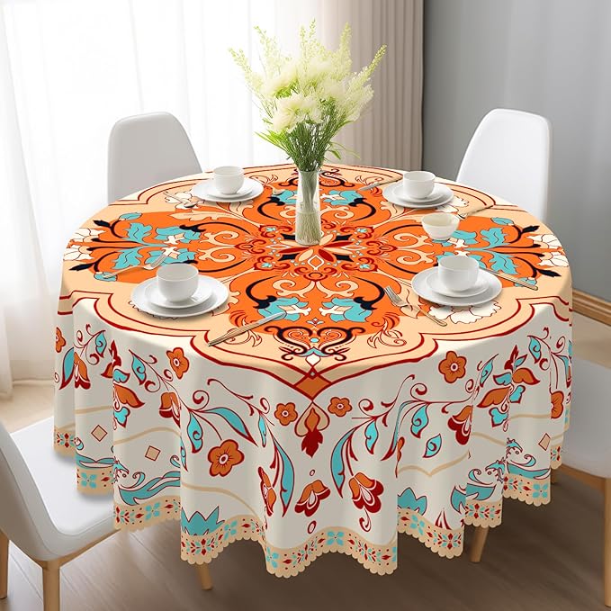 Eikione Bohemia Round Tablecloth 70inch,Table Cloth Waterproof and Wrinkle-Free, Boho Table Covers, Summer Decorations for Home