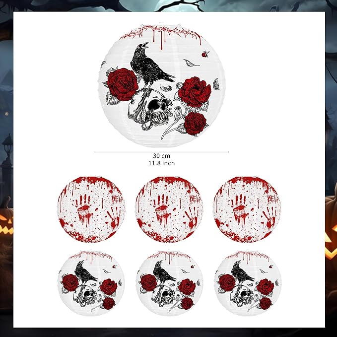 6PCS Hanging Halloween Party Decorations with Lantern, Crow, Skull, Blood Print Pattern, Indoor and Outdoor Horror Home Decoration -12 inches