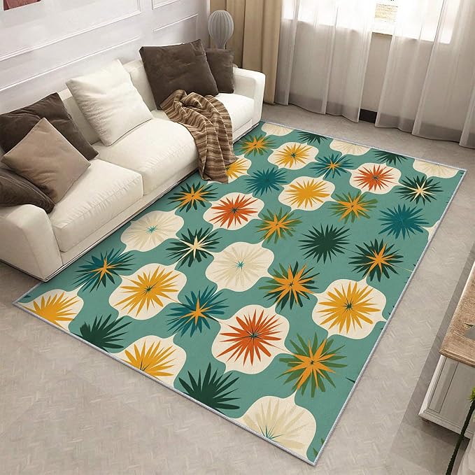 Mid Century Modern Rugs for Living Room Decor, 5x6 ft, Retro Geometric Flower Area Rugs for Bedroom, Soft Non Slip Washable 70s MCM Atomic Carpet Home Decorations D-g48