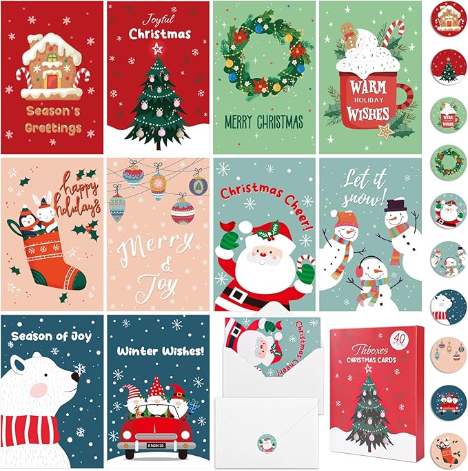 Thboxes 40 Pack Christmas Cards with Envelopes, 4x6 Inch Merry Christmas Cards, Funny Holiday Card with Envelopes & Stickers, 10 Assorted Designs Greeting Card for Xmas