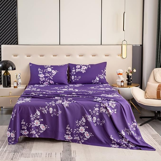 Bedlifes Twin Sheet Set Ultra Soft, Breathable, Silky Flower Deep Pocket 100% Microfiber Bedding, 3 Piece Twin Size Dark Purple Floral