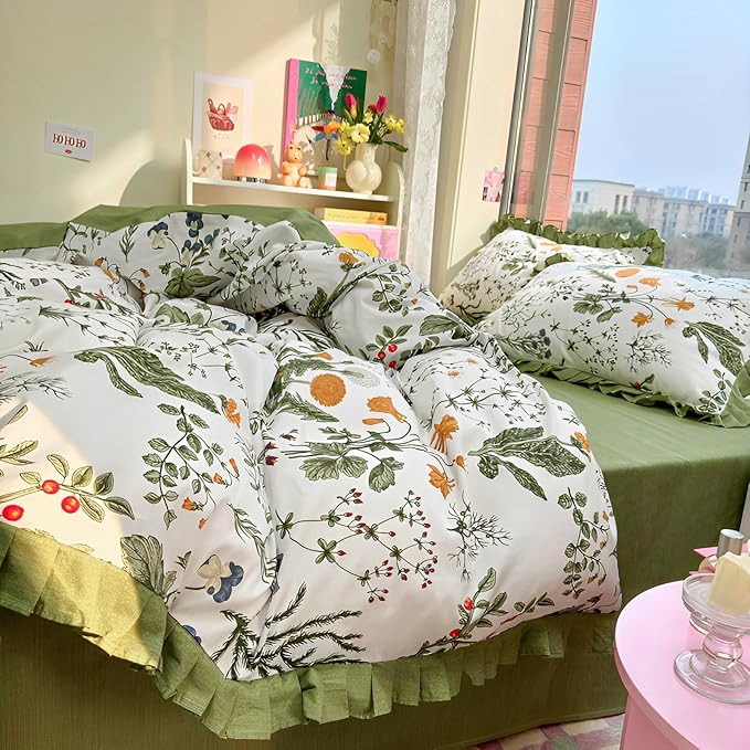 Botanical Floral Duvet Cover with Green Ruffle 100% Cotton Vibrant Flower Duvet Cover Twin Girls Romantic Comforter Cover Princess Lace Coquette Bedding Vintage Aesthetic Flower Comforter Cover Twin