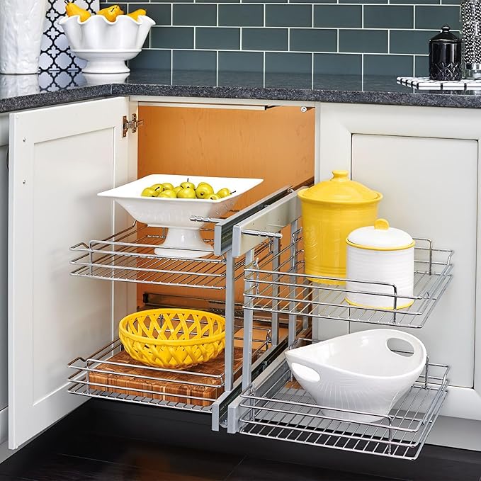 Rev-A-Shelf Dual Tier Pullout Shelf Organizer for Blind Corner Kitchen or Bathroom Cabinets with Soft Close,15", 4 Shelves, Chrome, 5PSP-15SC-CR