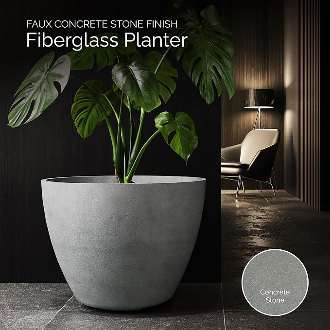Lupo Tapered Planter – Concrete Stone Finish – Fiberglass Indoor/Outdoor and Weather-Resistant Medium Planter (20" D x 15.4" H Exterior, 18.9" D x 14.8" H Interior)
