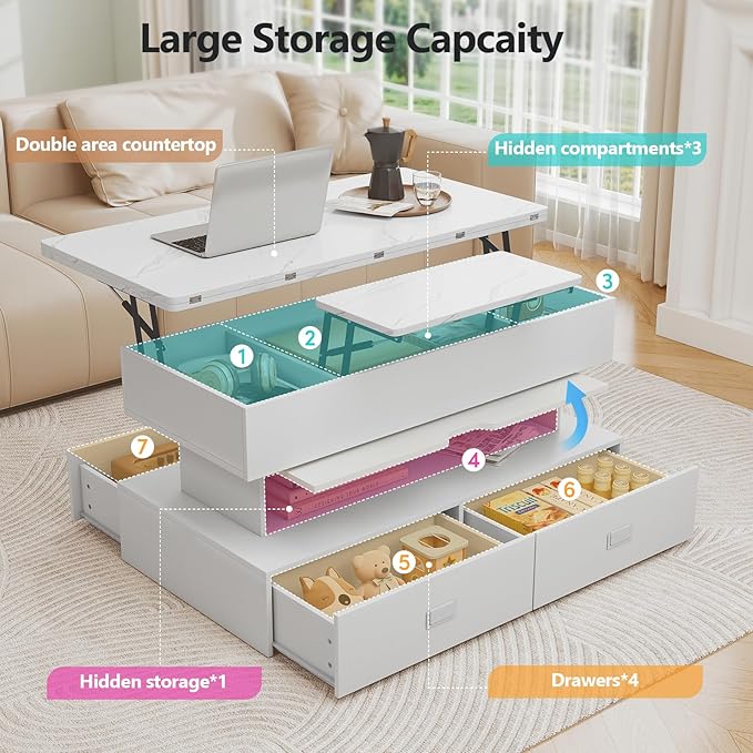 Turosur 40" Lift Top Coffee Table, Coffee Tables with Storage and 4 Drawer, Coffee Table with Lifting top with LED Lights for Living Room Home Office