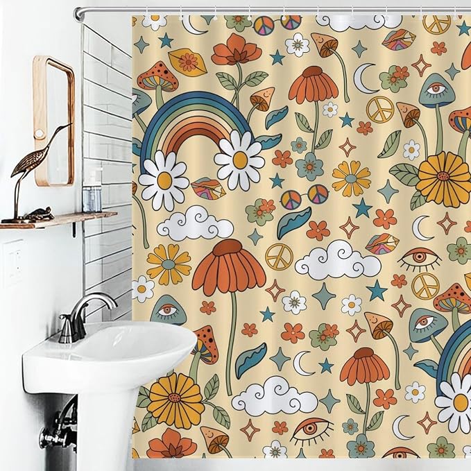 70s Mushroom Shower Curtain, Retro Groovy Hippie Funky Boho Rustic Cute Vintage Colorful Botanical Plants Pattern Orange Waterproof Fabric Bathroom Shower Curtain Set with Hooks, 72"x78" Inch