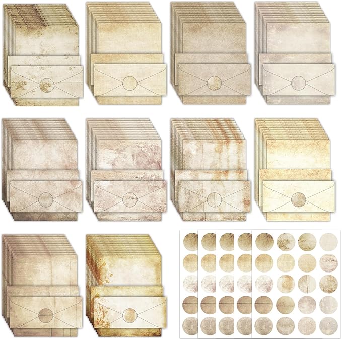 EggSun 250Pcs Vintage Kraft Stationery Paper and Envelope Set with 100 Letterhead Papers and 50 Envelopes, 10 Design for Letter Writing Invitations Computer Holidays Party Notes, 8.5x11 Inch-Retro
