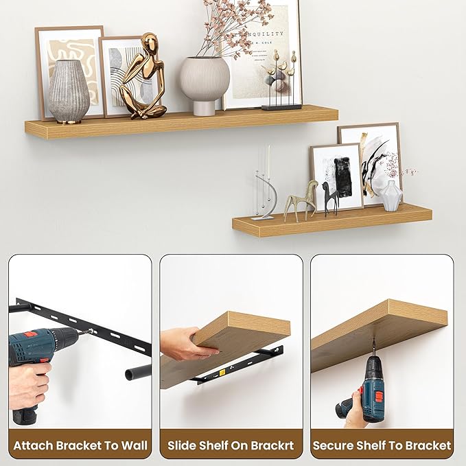 Heimlove 55 Inch Floating Shelves for Wall,Extra Long Mounted Storage wall Shelves with Invisible Metal Bracket for Bedroom Living Room Kitchen Office Set of 2,Oak Color
