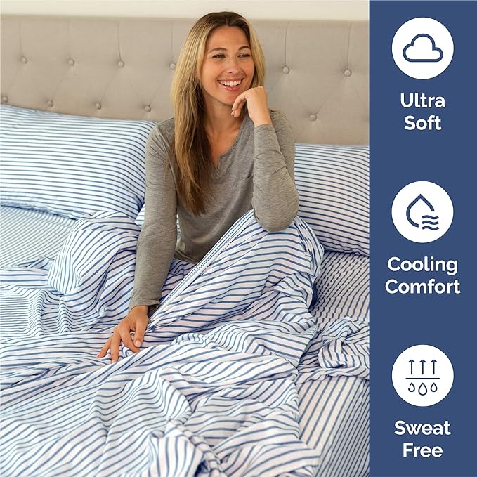 Split King Size 5 Piece Sheet Set - Comfy Breathable & Cooling Bed Sheets Set - Hotel Luxury Bedding for Women, Men, Kids, Teens, Boys & Girls - Deep Pockets & Wrinkle Free - Oeko-Tex - Blue Stripes 2