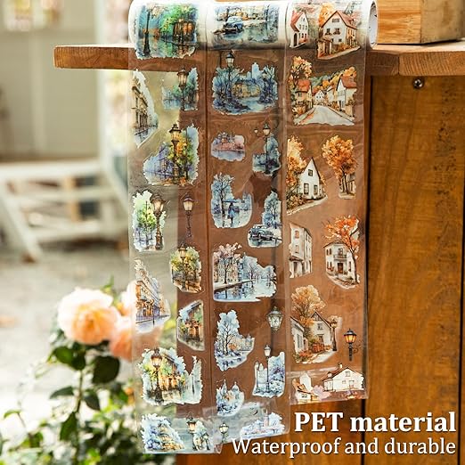 AuriicLeaf Street Corner PET Tape Set, 6 Rolls Pre-Cut Vintage Cityscape Stickers for Journaling, Scrapbooking, DIY Crafts, Art Supplies