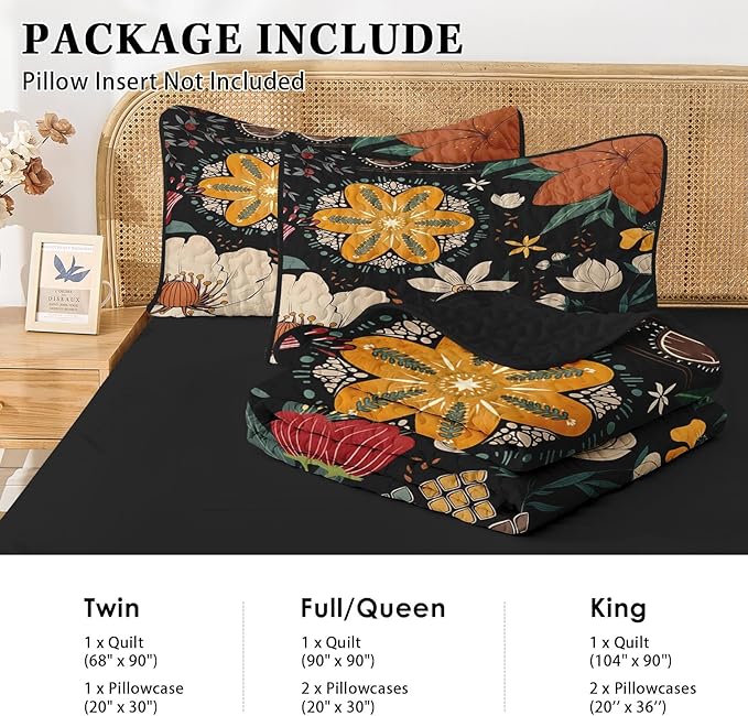 Quilt Set King Size, Black Tropical Floral 3 Pcs Soft Bed Cover Bedding Set, Farmhouse Botanical Lightweight Bedspread Coverlet with 2 Pillow Sham for All Season
