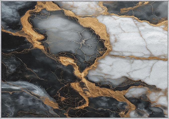 Black White Gold Marble Area Rug, Modern Abstract Pattern Carpet, Washable Non Slip Low Pile Soft Thin, Living Room Bedroom Home Decor Mat 4x6ft
