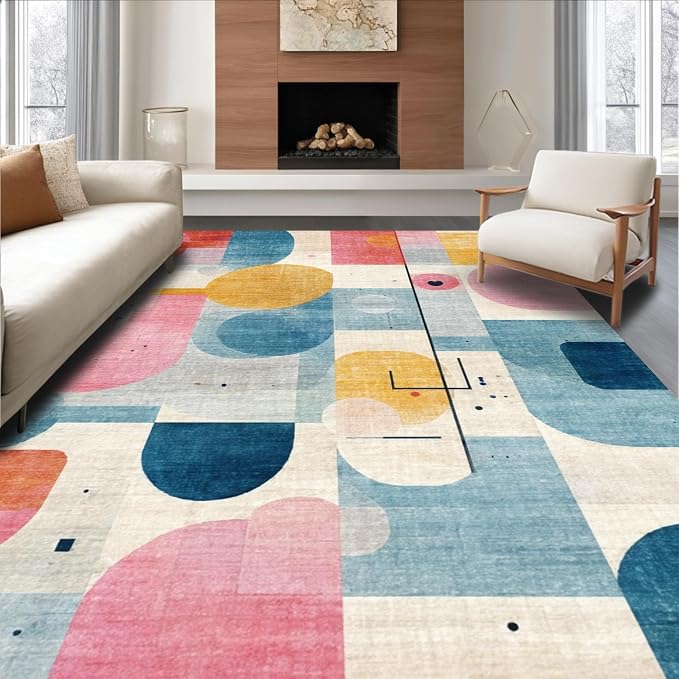 Flatwoven High Traffic Area Rug 8x10, Whimsical Abstract Animal Inspired Dotted with Playful Shapes and Gentle Swirls, Non Slip, Washable for Living Room, Bedroom (Pink, 8x10)