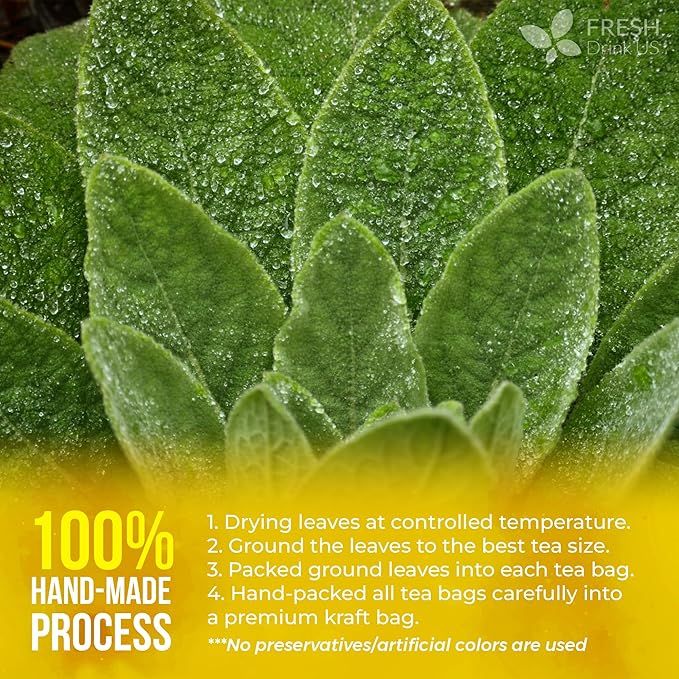 FreshDrinkUS, Premium 25 Mullein Leaf Tea For Lungs, Lung Detox For Smokers, Handmade, 100% Natural & Pure, Mullein Tea, No Sugar, No Caffeine, No Gluten, Vegan