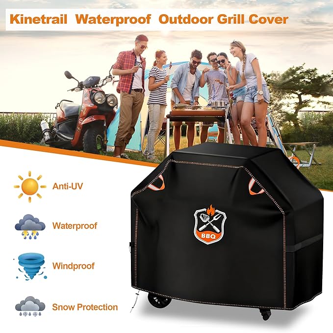 Kinetrail Grill Cover, Universal 48" BBQ Grill Cover for Outdoor Grill, Waterproof, Weather Resistant, Fade Resistant Gas Grill Cover with Adjustable Double Straps for Weber, Char-broil, Nexgrill, etc