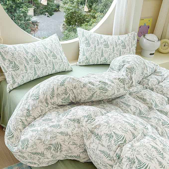 LifeTB Muslin Duvet Cover Full Size 100% Cotton Botanical Floral Comforter Cover Ultra Soft Cottagecore Bedding Set Lightweight Linen Feel Textured Breathable Gauze Duvet Cover with 2 Pillowcases