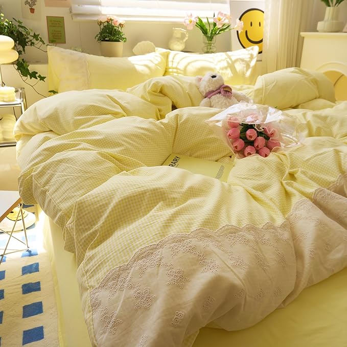 LifeTB Yellow Gingham Duvet Cover Full 3 Pieces Romantic Lace Comforter Cover Soft Microfiber Cream Yellow Grid Duvet Cover Farmhouse Plaid Checkered Comforter Cover Grid Gingham Bedding Set