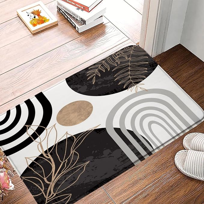 Boho Mid Century Bath Mat Black White Moern Minimalist Leaves Arch Abstract Retro Bathroom Mat Rug Memory Foam Doormat，16x48 Inch