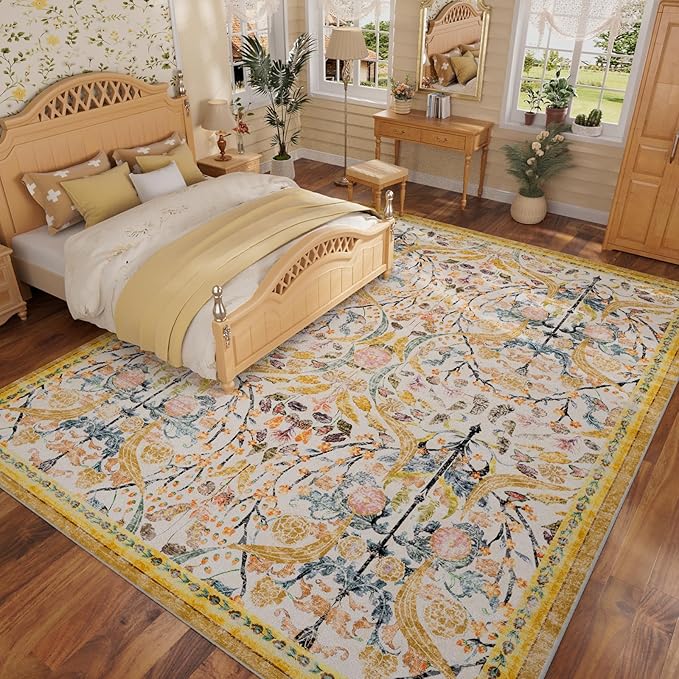 AMTOVO 8x10 Washable Area Rugs for Living Room, Non-Slip&Non-Shedding Large Soft Boho Floral Vintage Print Carpet for Bedroom Dining Room Farmhouse Nursery Kids Room Home Office, Golden Yellow