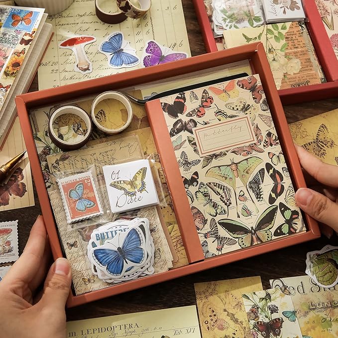 emmoolife Vintage Aesthetic Scrapbooking Supplies Kit, Butterfly Junk Journal Scrapbook Kit with Journaling Supplies, A6 Grid Notebook, Stationery, Birthday Craft Gift Set for Teen Girl Women