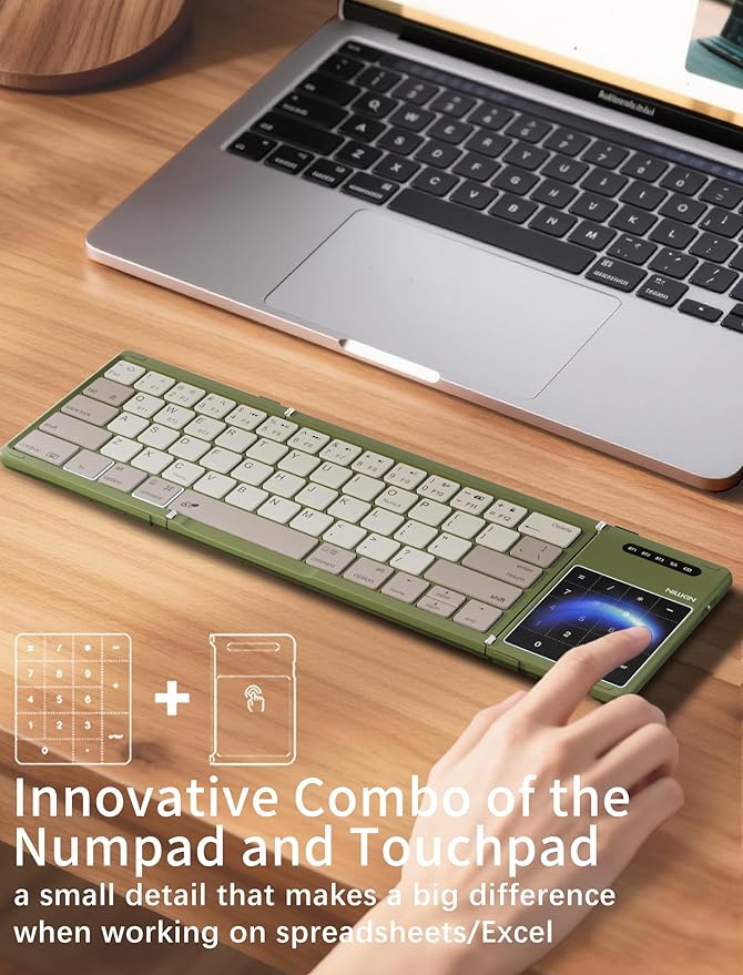 Nillkin Upgraded Foldable Bluetooth Keyboard with Touchpad & Number Pad, Portable Wireless Keyboard for Travel, Pocket-Sized, Full Size Keys, Support 3 Devices for iPad Laptop Tablets Phone, Green
