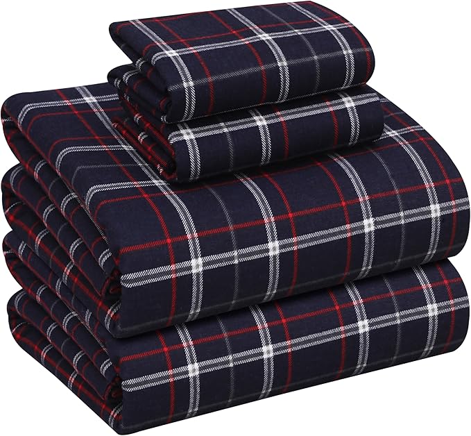 RUVANTI Flannel Sheets Full Size - 100% Cotton Double Brushed Bed Sheets Set, Deep Pockets 16 Inches, All Seasons Breathable & Extra Soft Full Sheets, Warm & Cozy, 4 Piece, Yankees Blue