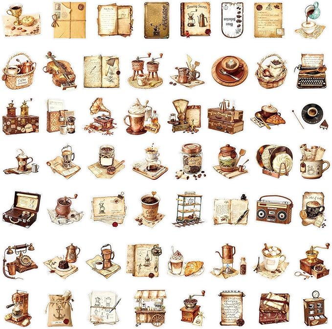 50Pcs Vintage Coffee Stickers for Scrapbooking, Journal, Photo Album, Kindle, Laptop, Refrigerators, Suitcase, Waterproof PET Transparent Aesthetic Decals