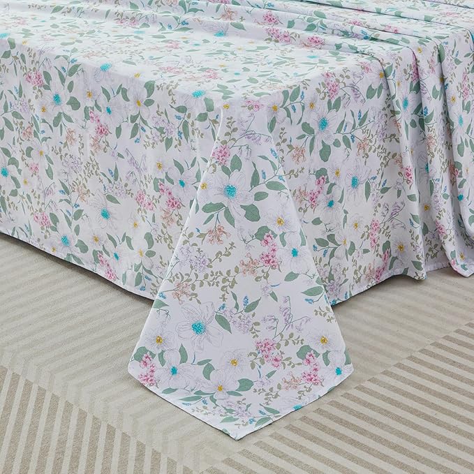 FADFAY King Size Sheets Set 100% Cotton Vintage Floral Shabby Flowers & Leaves Pattern Farmhouse Bedding Set Deep Pocket Sheets with 2 Pillowcases Breathable Soft 4Pcs, King