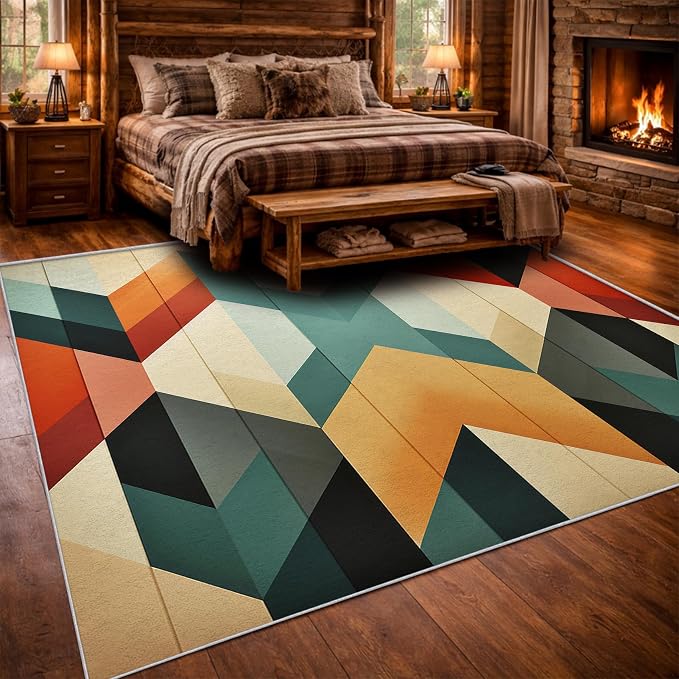 Mid Century Modern Area Rug 4x5, Washable Non-Slip Low Pile Abstract Geometric Carpet for Living Room Bedroom Home Office, Retro Contemporary Accent Rug in Teal Orange Cream Black