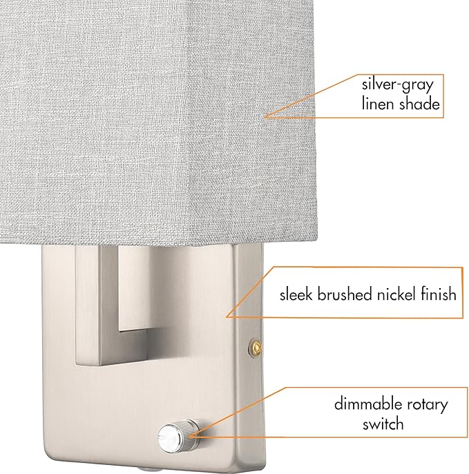 YUBOLE Modern Wall Sconces Brushed Nickel-Plug in(Received Version) and Hardwired Design Wall Light with Dimmable Switch for Bedroom Bathroom Set of 2