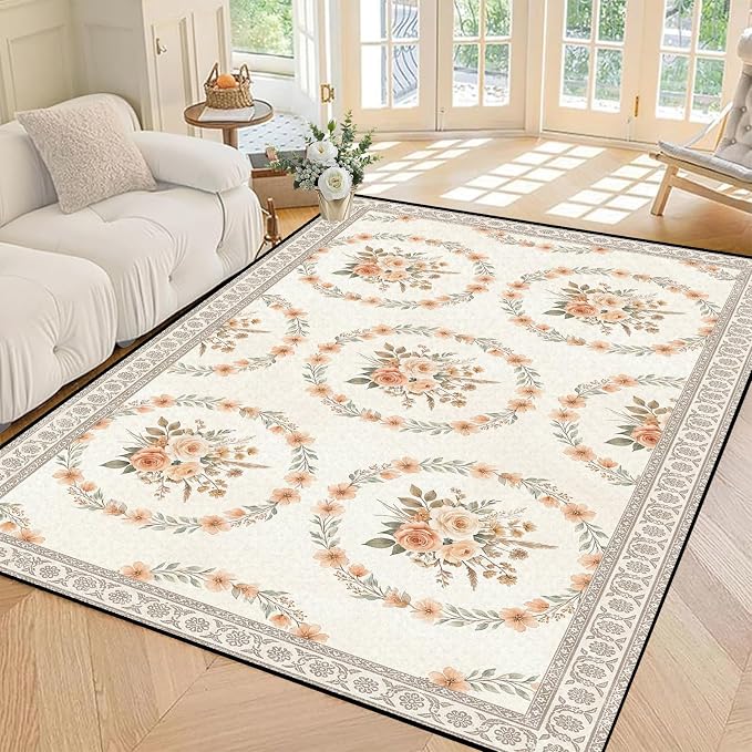 6'x9' Boho Floral Area Rug Vintage Peach Rose Carpet Non-Slip Washable Floor Mat Neutral Aesthetic Botanical Rug for Bedroom Living Room Nursery Kitchen Playroom Home Decor