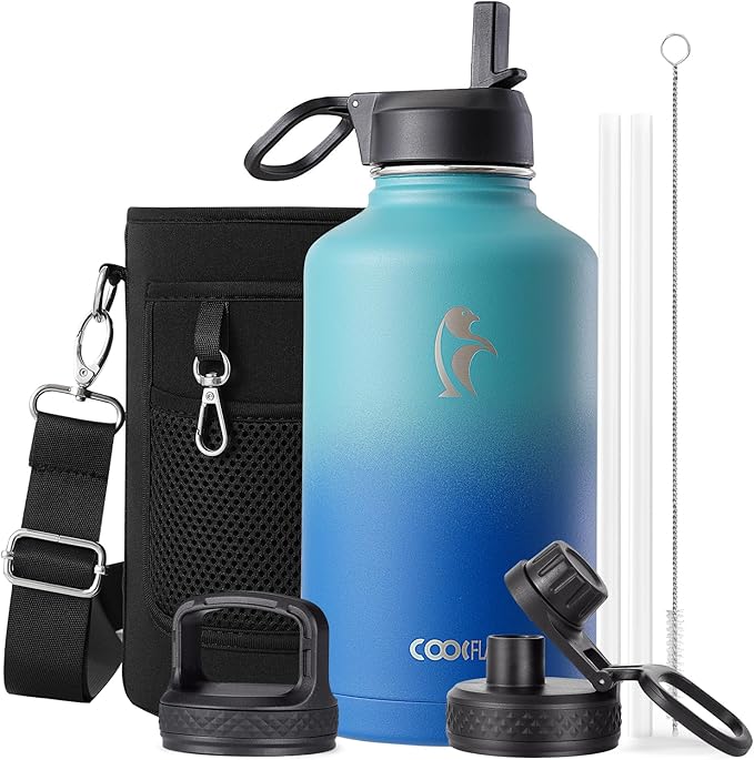 Coolflask Half Gallon Water Bottle Insulated with Straw & 3 Lids, 64 oz Water Jug Large Metal Stainless Steel Wide Mouth for Sports, Gym or Office, Non-BPA Keep Cold 48H Hot 24H, Indigo Blue