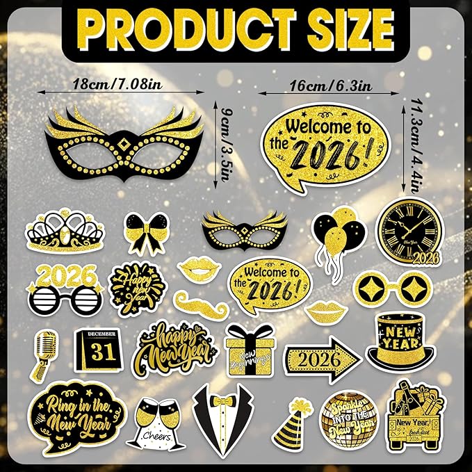 2026 Happy New Years Photo Booth Props, Black Gold New Years Eve Photo Props for 2026 New Year Eve Party Favor Supplies Decorations (24Pcs)