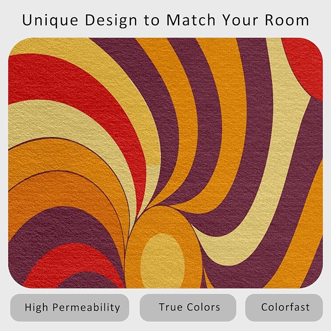 70s Retro Rug 6x8 Swirl Psychedelic Groovy Hippie Pop Pattern Area Rugs for Living Room, Bedroom, 70s Retro Home Decor Accessories Indoor Carpet, Non Slip & Machine Washable, GD0318