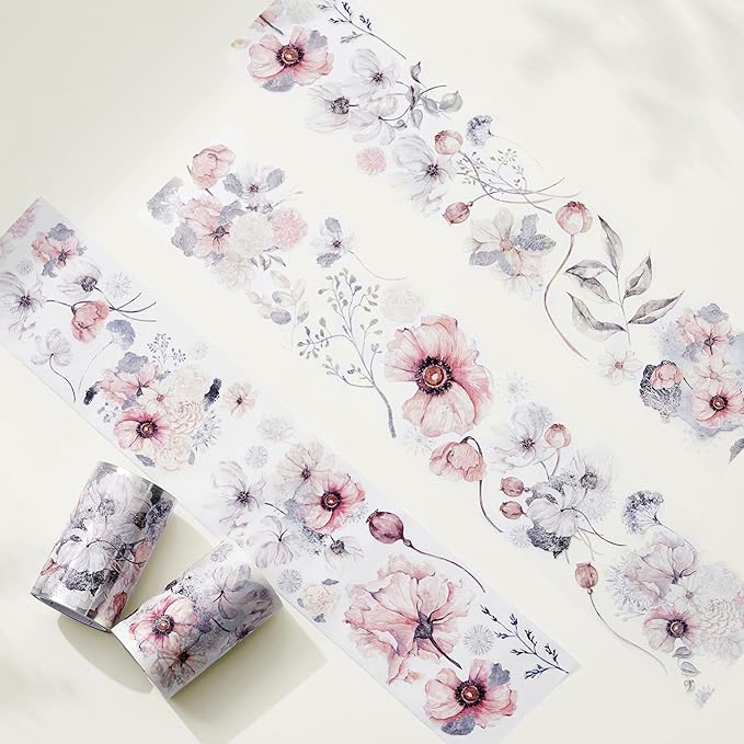 WT Frostbloom Wide PET Tape, Single Roll, Original Floral Designs, Winter Flowers, Clear Transparent Adhesive Tape for Junk Journals, Scrapbooks, Bujo, Planners, DIY Crafts, Art Stationery