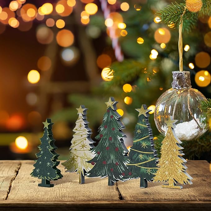 Smile 3 Pcs Wooden Blocks Christmas Decoration Trees Signs, Rustic Centerpieces Wooden Trees, Tiered Tray Decorations for Home Table Shelf Decor.