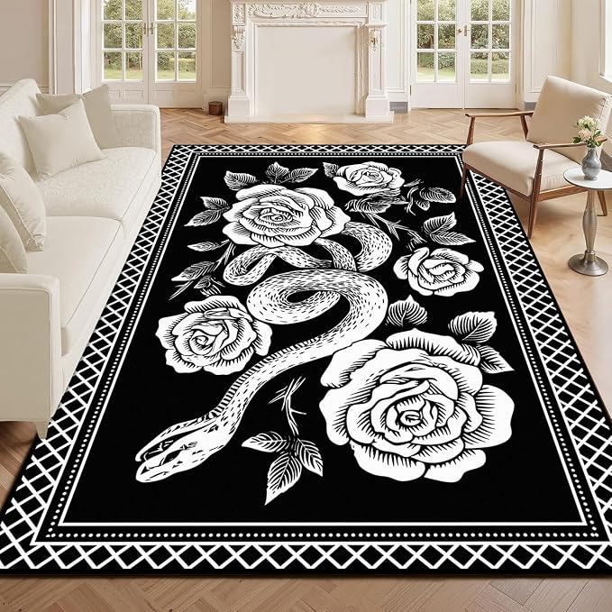 6'x9' Gothic Snake and Rose Area Rug Black and White Floral Vine Floor Mat Retro Boho Carpet Washable Low Pile Indoor Rugs for Entryway Bedroom Living Room Kitchen Home Decor