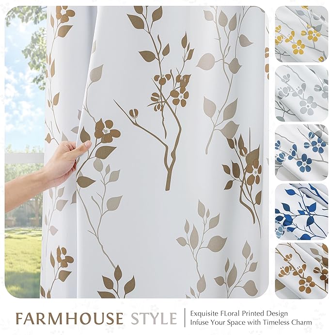 Beauoop Floral 100% Blackout Curtains 84 Inches Long 2 Panels for Bedroom Living Room Tan Brown and White Flower Patterned Room Darkening Thermal Soundproof Grommet Window Treatments Drapes, 52X84