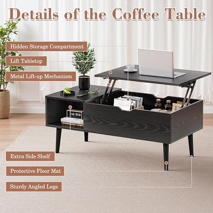 OLIXIS Wood Lift Top Coffee Table with Hidden Compartment and Large Storage Shelf, Lift Tabletop Dining Center Table for Home Living Room Office, Black