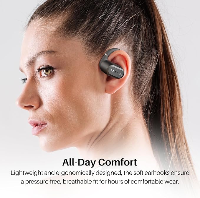 TOZO OpenWear Open Ear Headphones, Adjustable Ear Hooks, Ultra Comfort, Punchy Bass Bluetooth Headphones 5.4 with Smart Digital Display, Immersive Audio Earbuds, Fast Charging for Running, Office